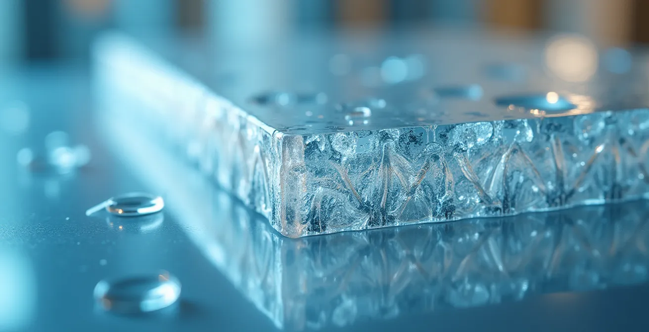 Vue macro détaillée de la structure stratifiée polyester avec fibres de verre visibles