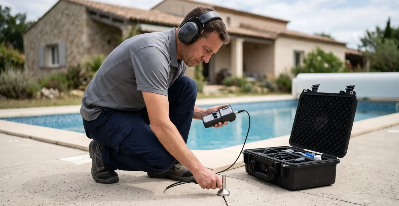 Technicien spécialisé utilisant un équipement d'écoute acoustique pour détecter une fuite cachée dans les canalisations souterraines d'une piscine