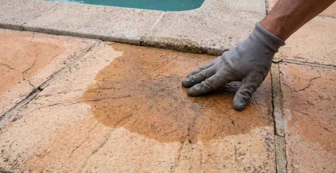 Zone humide et tache d'eau persistante sur les dalles entourant une piscine résidentielle, avec une main gantée inspectant la surface